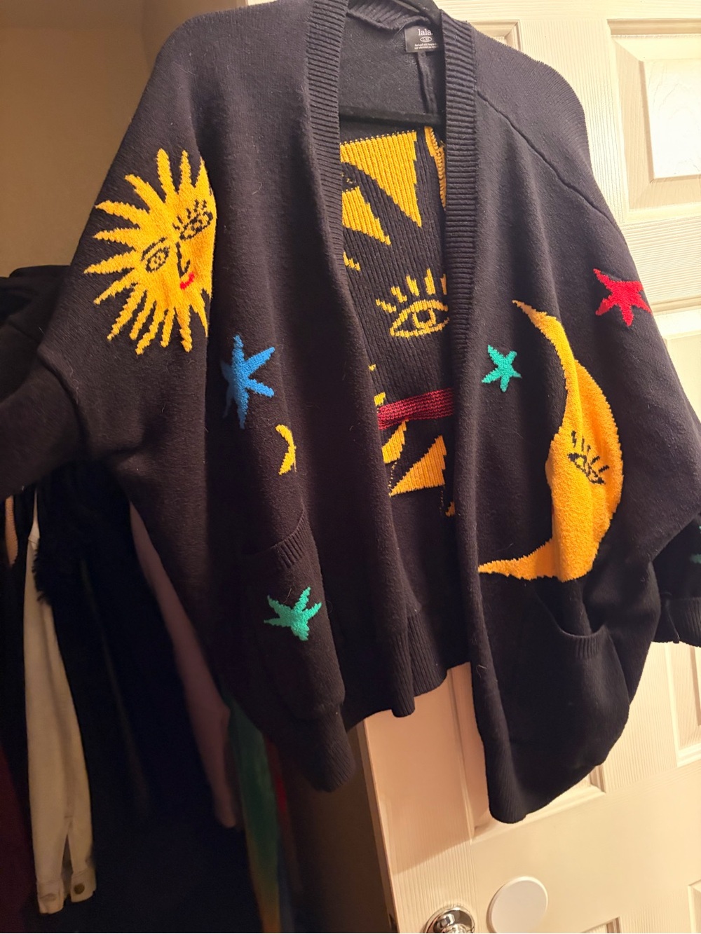 Dressed in LALA Black Cardigan with Yellow Sun & Moon Embroidery